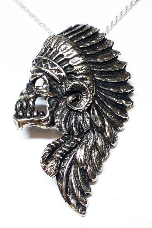 Apache Warrior Skull Silver Pendant