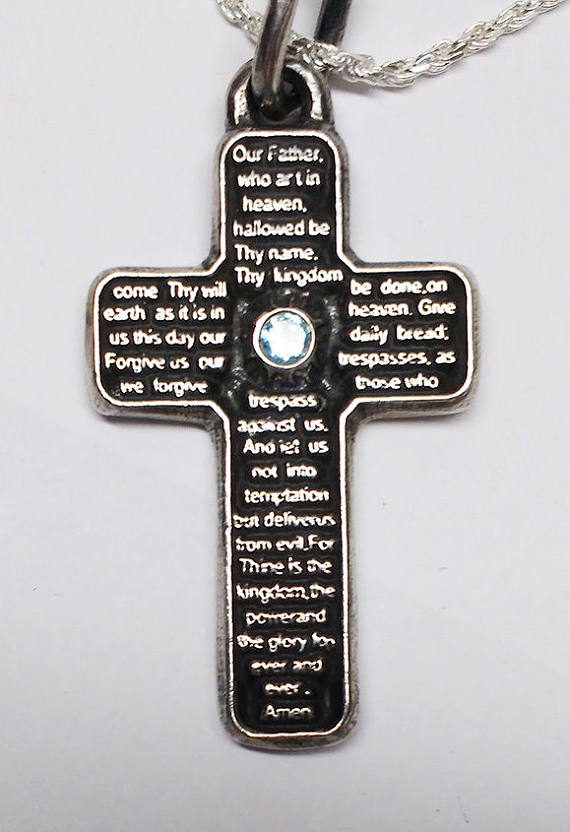 Lord’s Prayer Silver Cross With Birth Stone English 3