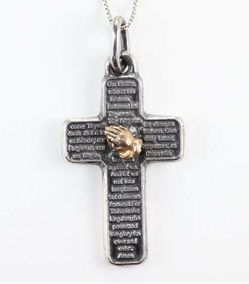 Lord’s Prayer Silver Cross With Praying Hands
