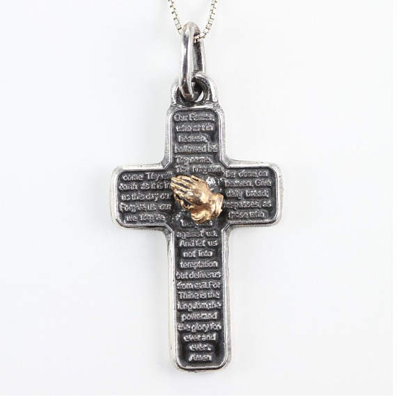 Lord’s Prayer Silver Cross With Praying Hands