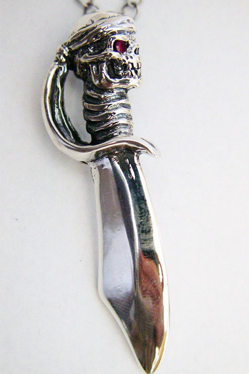Skull Head Sword Silver Pendant with Stone Eyes