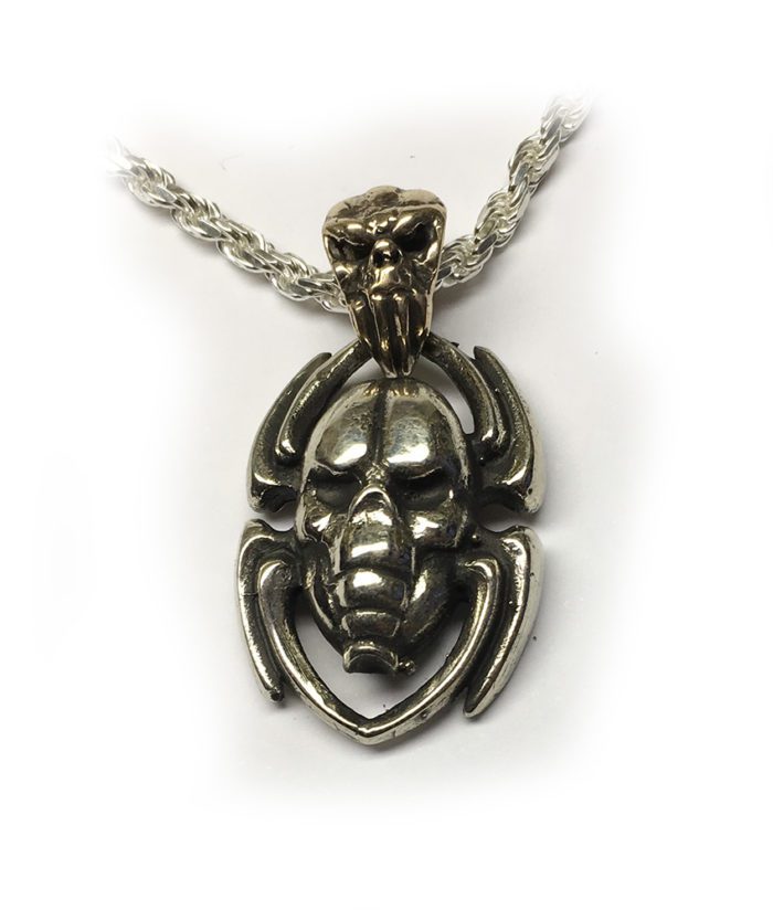 Spider with Skull Hook Silver Pendant