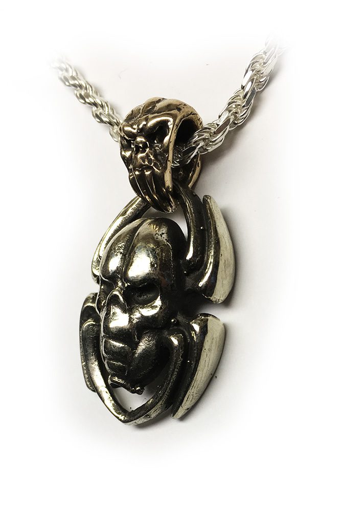 Spider with Skull Hook Silver Pendant 2