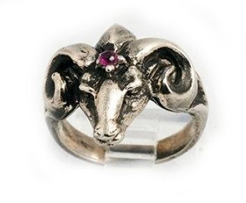 The Ram Small Silver Ring with Ruby