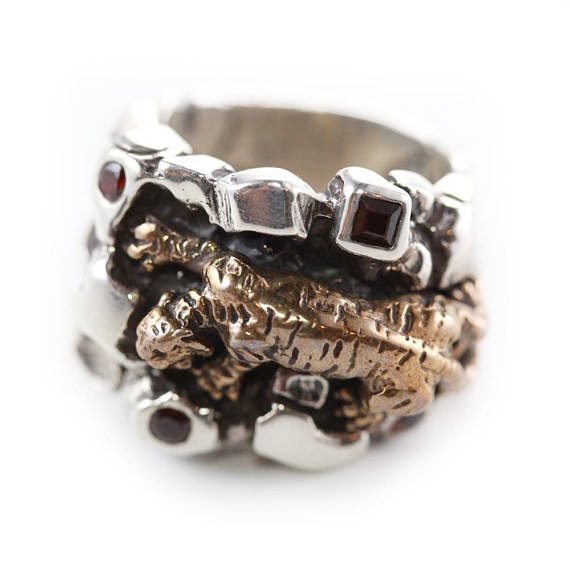 Tiger On The Rock Sterling Silver & Bronze Ring