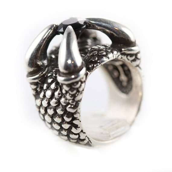 Sterling Silver Dragon Claw Ring with Black CZ Stone