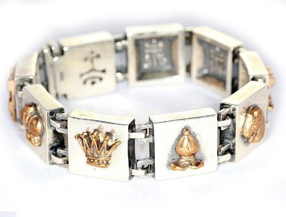 Sterling Silver and Bronze Chess Piece Charm Bracelet
