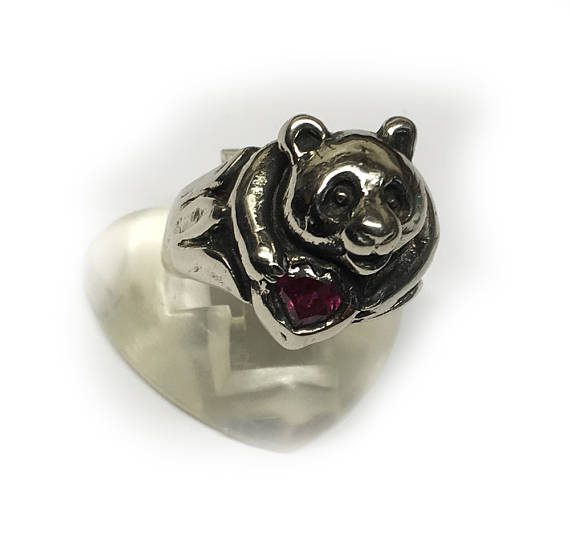 Lovely panda silver ring with heart stone 5