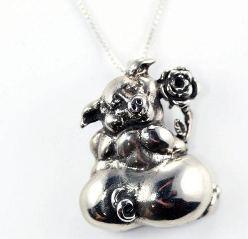 Sterling Silver Pig With Flower Pendant