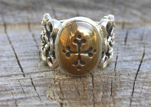 April Showers silver and bronze gothic cross stone ruby faith ring