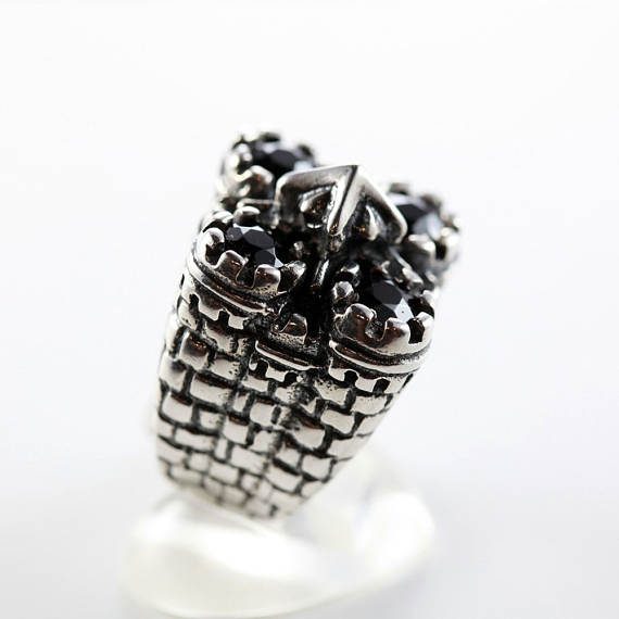Castle Sterling Silver Ring with Black Stones 4