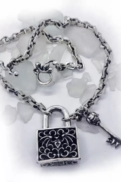 Coffin Necklace with Bat Lock and Skeleton Key