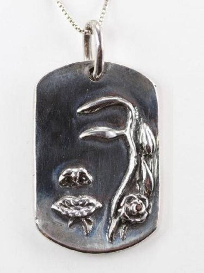Sterling Silver Dog Tag Pendant with Flower