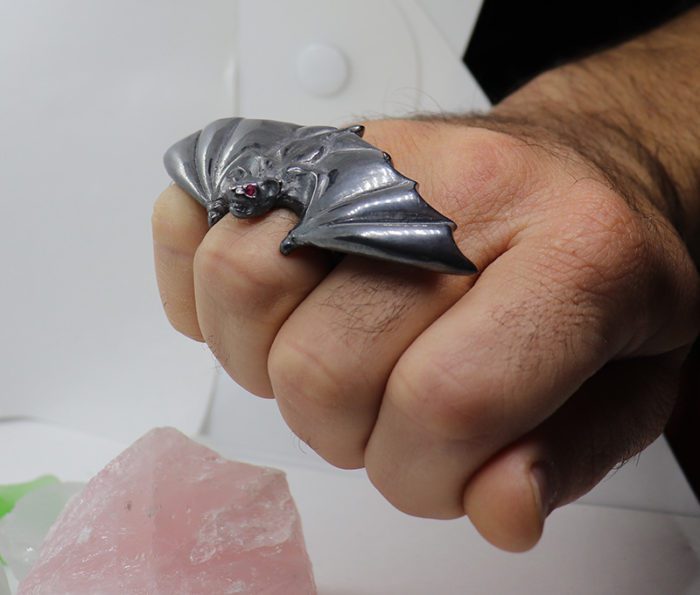 irc black silver bat wing ring with ruby eyes 4