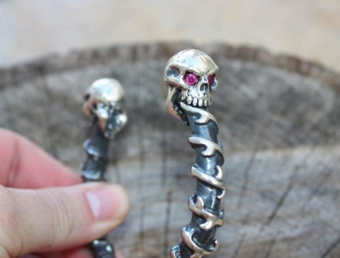 Dual Skull Silver Bracelet with Rubies 2