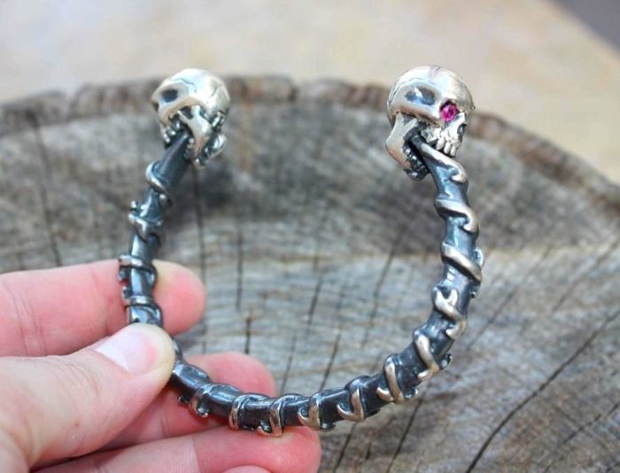 Dual Skull Silver Bracelet with Rubies 3
