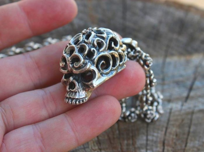 Rose Skull Pendant With Ruby And Rose Bud Chain 2