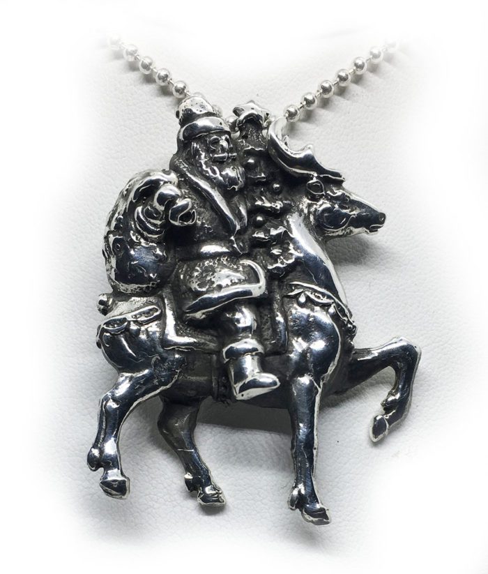 Santa Claus with Reindeer Silver Pendant