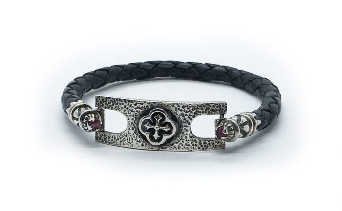 Silver Cross Leather Bracelet with Ruby Stones