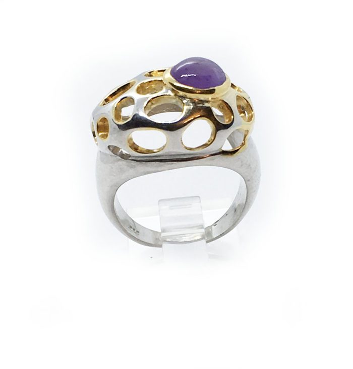 Amethyst Stone with Sterling Silver with Black Rhodium and Gold Plating Ring