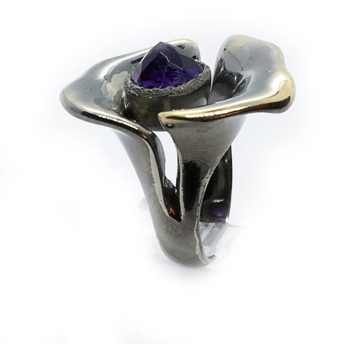 Flower Amethyst Sterling Silver with Black Rhodium and Gold Plating Ring 3