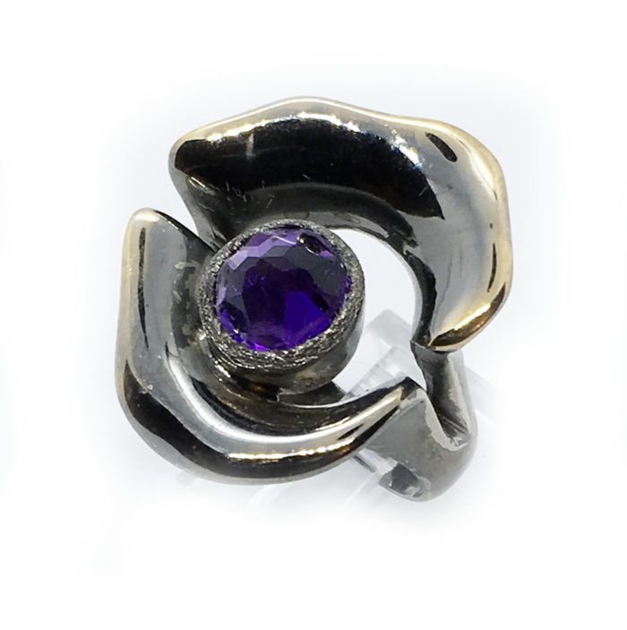 Flower Amethyst Sterling Silver with Black Rhodium and Gold Plating Ring