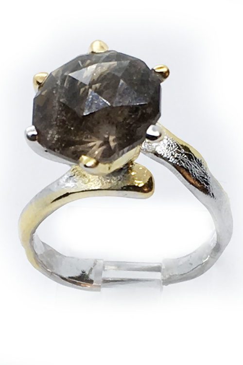 Smoky Quartz 925 Sterling Silver Black Rhodium and Gold Plating Ring