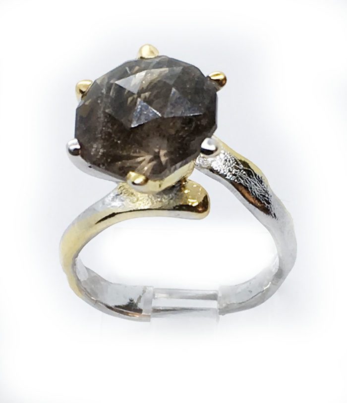 Smoky Quartz 925 Sterling Silver Black Rhodium and Gold Plating Ring