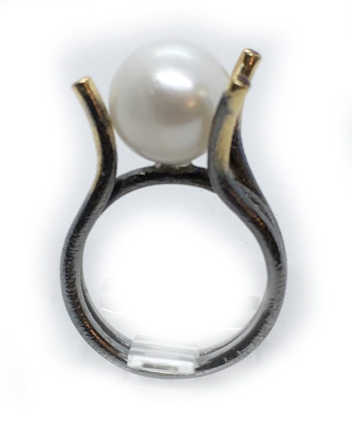 Real Pearl 925 Sterling Silver Black Rhodium and Gold Plating Ring 3