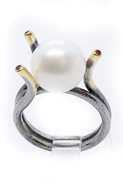 Real Pearl 925 Sterling Silver Black Rhodium and Gold Plating Ring