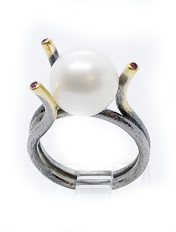 Real Pearl 925 Sterling Silver Black Rhodium and Gold Plating Ring