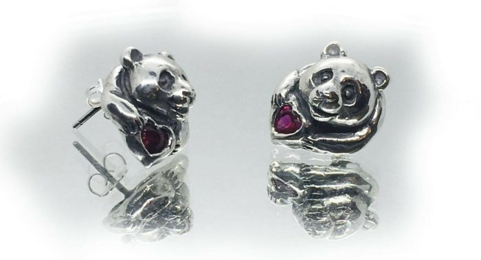 Panda Silver Earring with Heart Stones 3