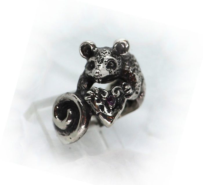 Rat with Heart Shape Cheese with Ruby Stone Silver Ring
