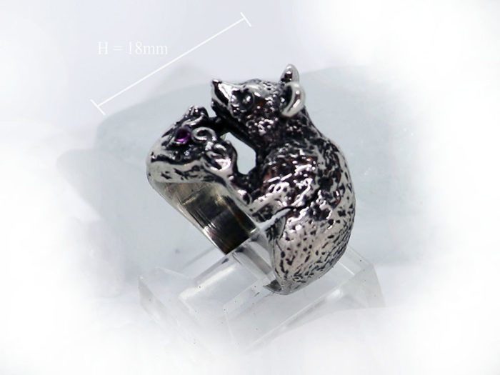 Rat with Heart Shape Cheese with Ruby Stone Silver Ring 3