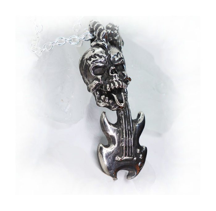 Rock N Roll Skull with Guitar Sterling Silver Pendant 2