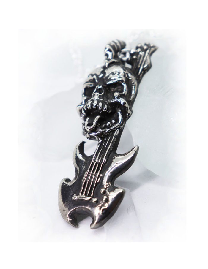 Rock N Roll Skull with Guitar Sterling Silver Pendant 3