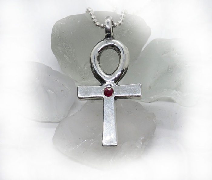 Ankh Egyptian Cross with Ruby Stone Silver Pendant
