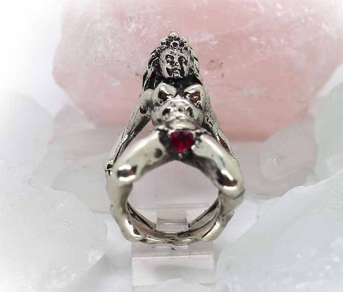 Horny Woman with Red CZ Heart shape Stone Panties Silver Ring 4
