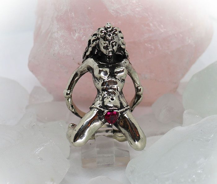 Horny Woman with Red CZ Heart shape Stone Panties Silver Ring