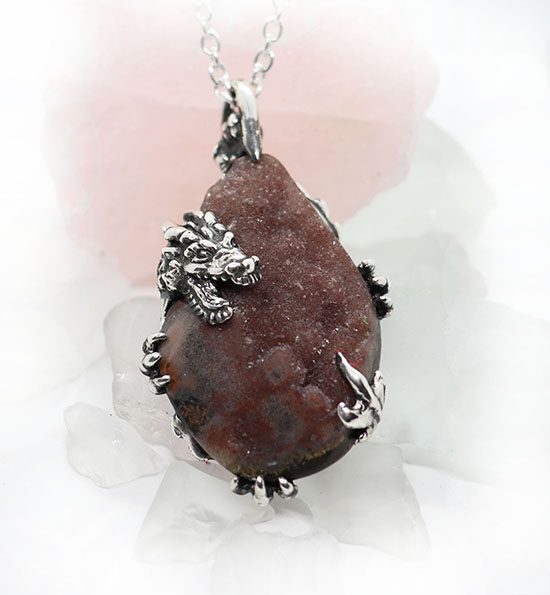 Dragon with Natural Amethyst Stone Sterling Silver Necklace
