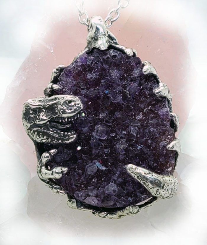 T-Rex Dinosaur with Natural Amethyst Stone Sterling Silver Necklace