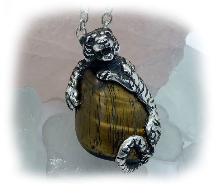 Tiger with Natural Tiger Eye Stone Sterling Silver Necklace