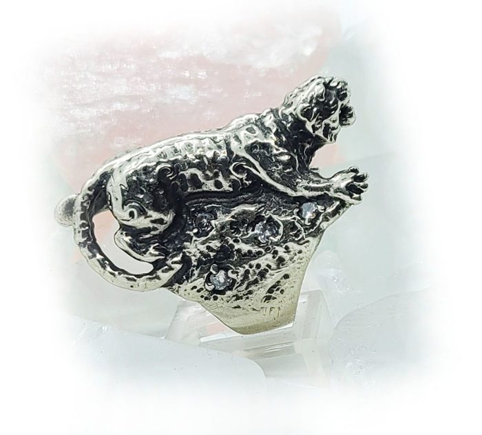 Tiger with White CZ Stones Sterling Silver Ring 2