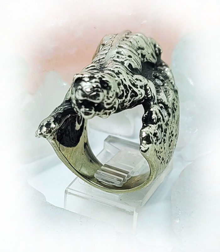 Tiger with White CZ Stones Sterling Silver Ring