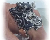 Big Lion with Crown and Citrine Eyes Silver Ring