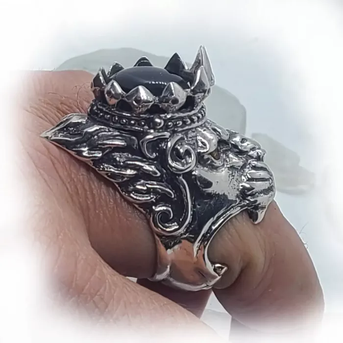 Big Lion with Crown and Citrine Eyes Silver Ring 4