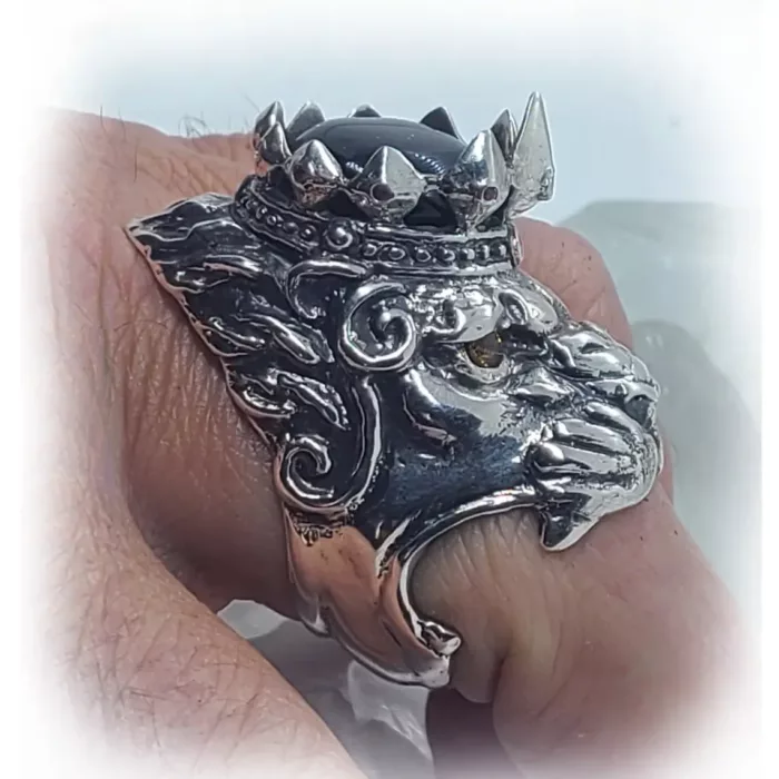 Big Lion with Crown and Citrine Eyes Silver Ring
