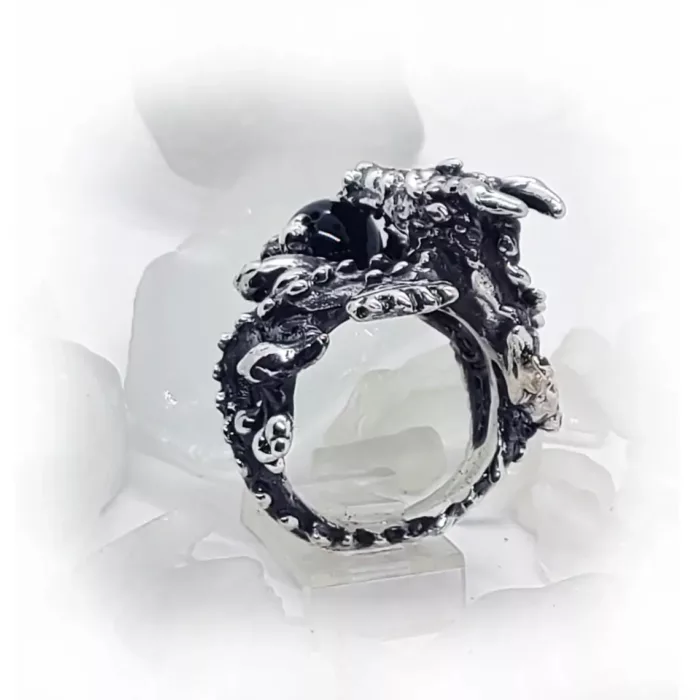 Dragon With Onyx Ball Sterling Silver Ring 3