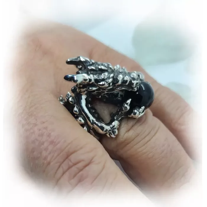 Dragon With Onyx Ball Sterling Silver Ring 5